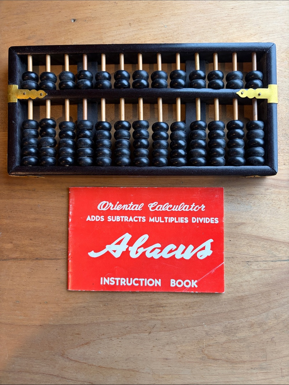 Vintage Oriental Calculator Wooden Abacus with Red Instruction Book